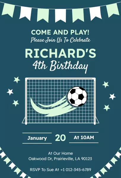 Exciting Soccer Themed 4th Birthday Celebration Invitation Template