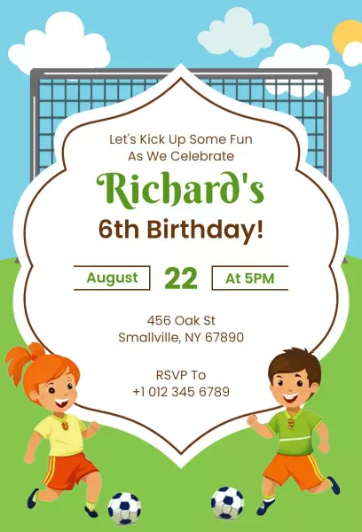 Exciting Soccer Themed 6th Birthday Celebration Invitation Template