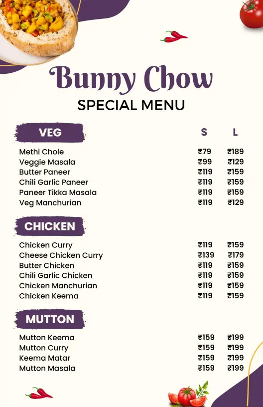 Exotic Veggie and Paneer Dishes Bunny Chow Special Menu Template