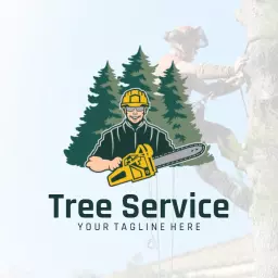 Expert Tree Care with Chainsaw and Lush Green Trees Logo Template