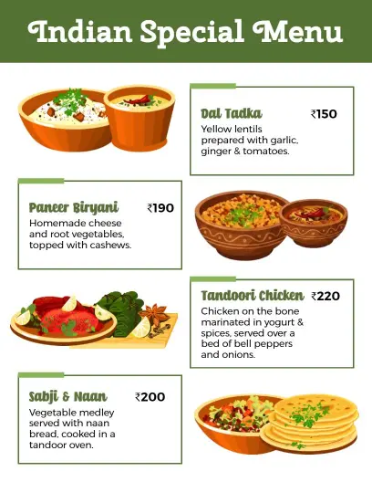 Exquisite Biryani, Tandoori Chicken, and Dal Specialties Indian Cuisine Menu Template