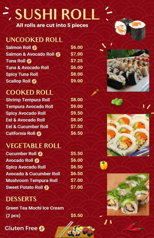 Exquisite Fresh Sushi Rolls Featuring Unique Ingredients Sushi Menu Template