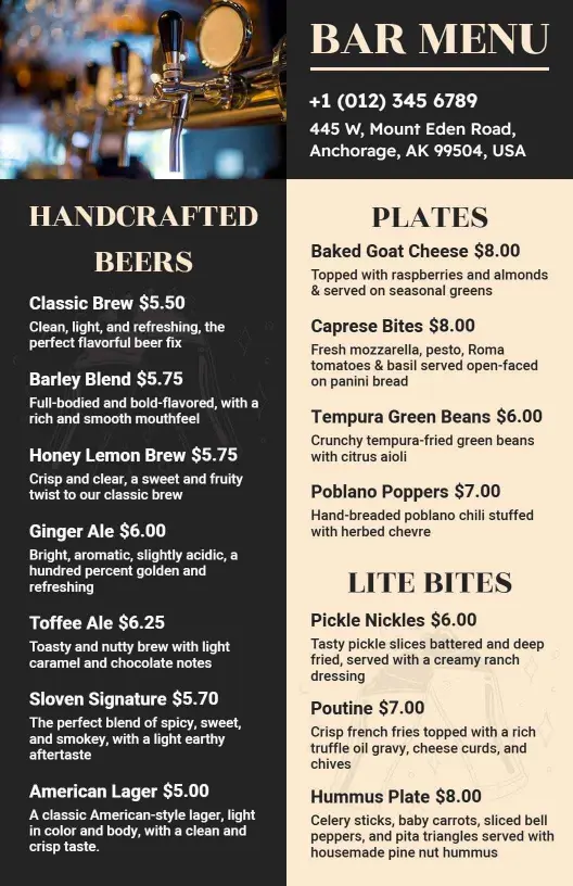 Exquisite Handcrafted Beer Selections and Tasty Plates Bar Menu Template