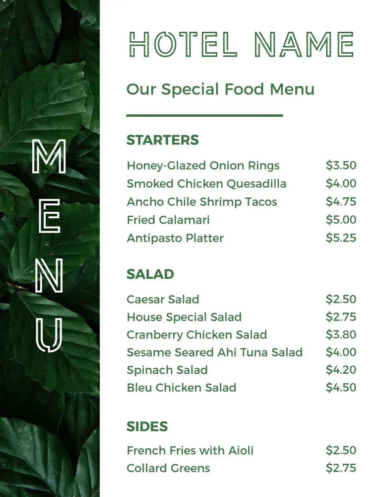 Exquisite Hotel Dining Experience with Diverse Starters Menu Template