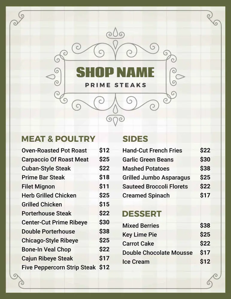Exquisite Prime Steaks and Classic Sides Selection Fancy Menu Template