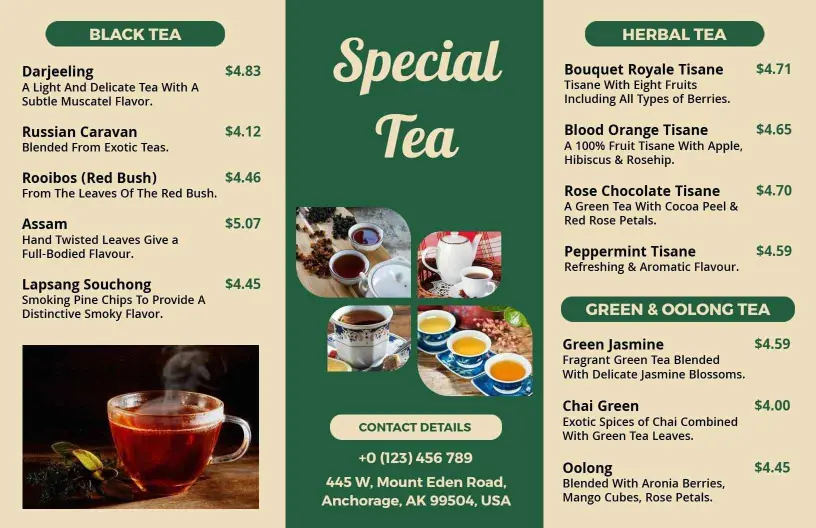 Exquisite Selection of Fine Teas and Flavors Tea Menu Template