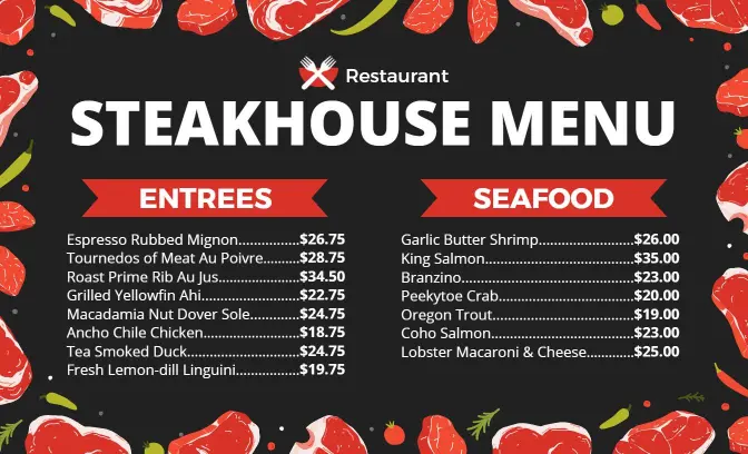 Exquisite Surf and Turf Options with Classic Entrees Steakhouse Menu Template