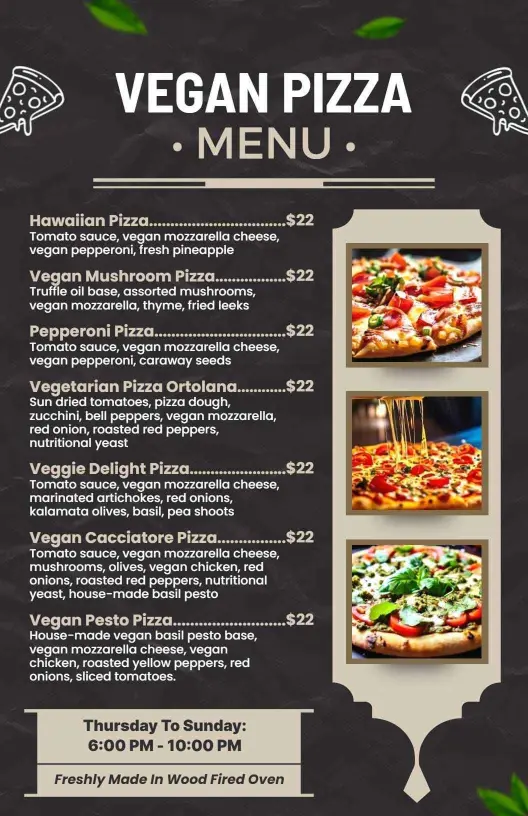 Exquisite Vegan Pizza Variations with Fresh Ingredients Pizza Menu Template