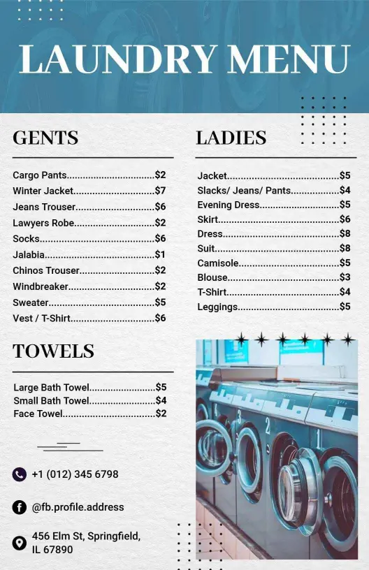 Extensive Apparel and Towel Cleaning Pricing Laundry Menu Template