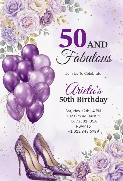 Fabulous 50th Birthday Celebration Purple Invitation Template
