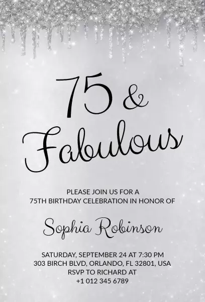 Fabulous 75th Birthday Celebration Silver Sparkle Invitation Template