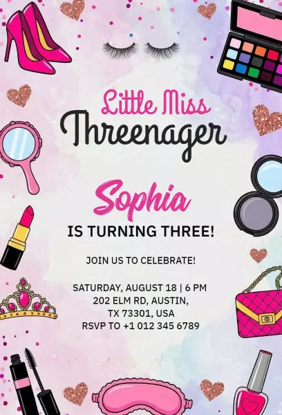 Fabulous Little Miss Threenager Birthday Celebration Invitation Template