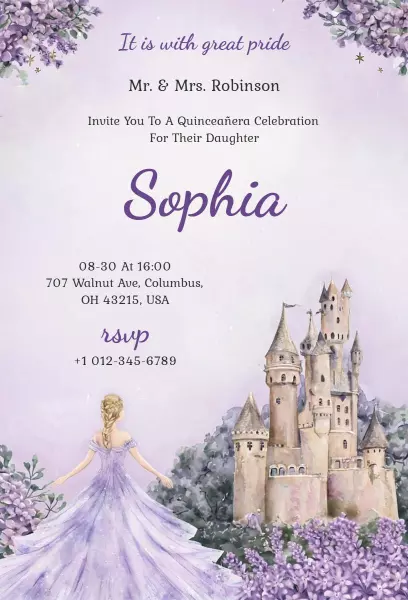 Fairytale Castle Lavender Quinceanera Celebration Invitation Template
