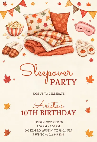 Fall Leaves Sleepover 10th Birthday Invitation Template