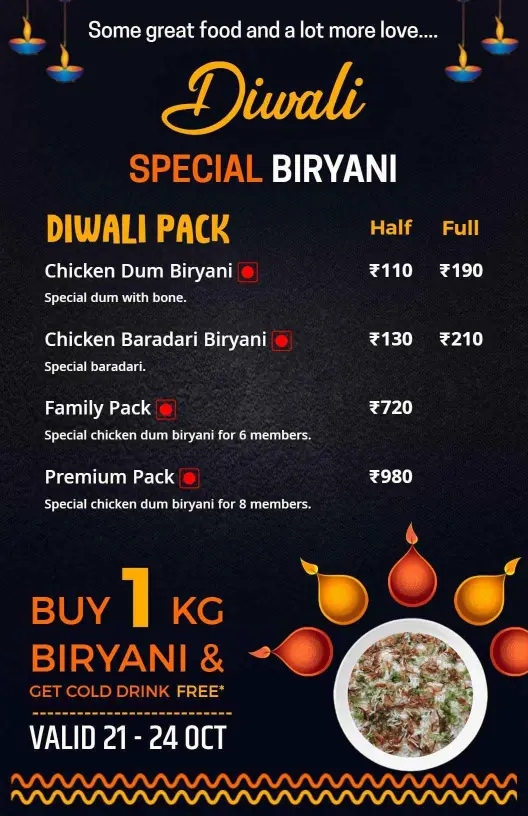 Family and Premium Biryani Packs for Diwali Menu Template