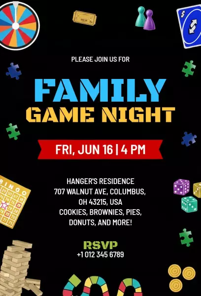 Family Fun Colorful Board Game Night Invitation Template