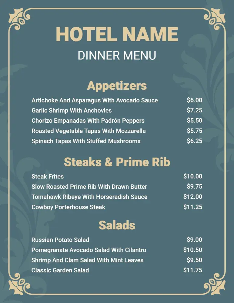 Fancy Hotel Dinner Menu Template