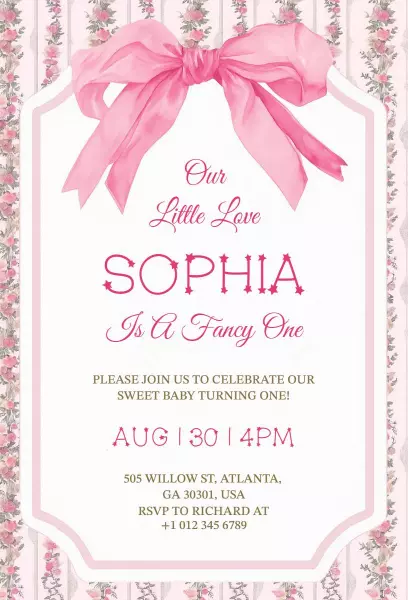 Fancy Pink Floral Bow Baby Birthday Celebration Invitation Template