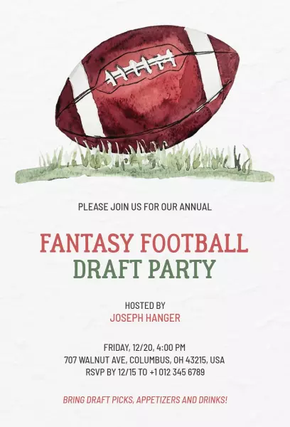 Fantasy Football Annual Draft Night Party Invitation Template