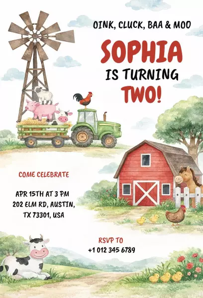 Farm Animal Fun Colorful Birthday Celebration Invitation Template