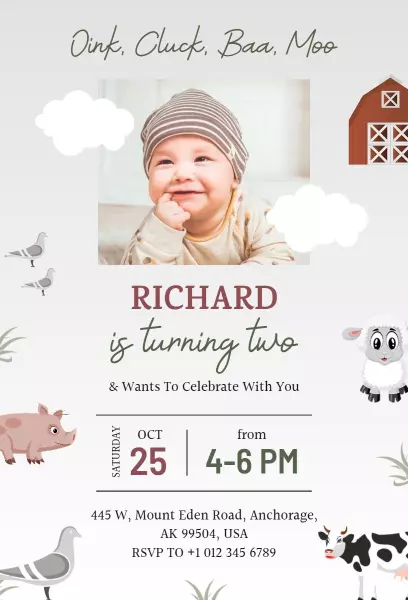 Farm Animals Theme Fun Birthday Celebration Invitation Template
