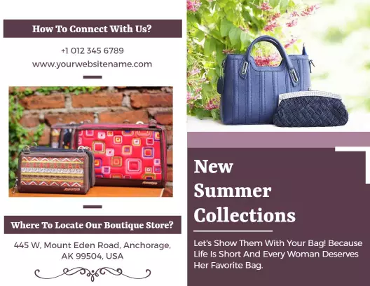 Fashion Handbag New Summer Collections Bi Fold Brochure Template