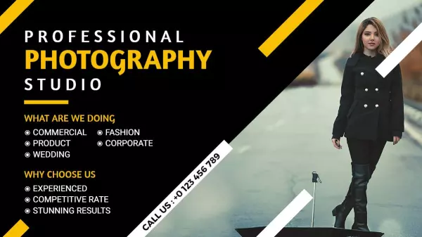 Fashion Model Outdoor Shoot with Elegant Black and Yellow Banner Template