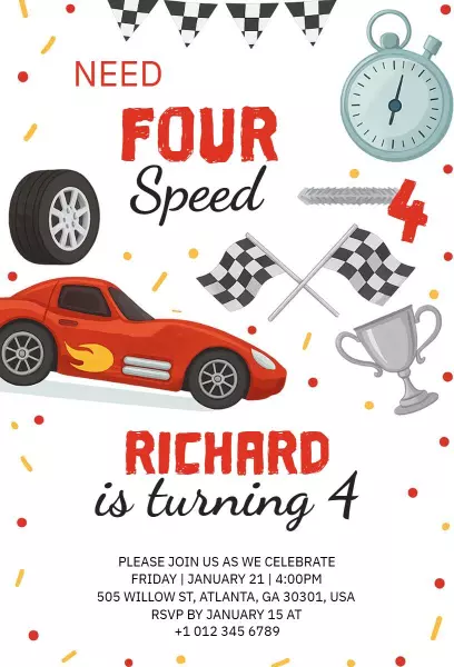 Fast Cars Racing Theme Kids Birthday Celebration Invitation Template