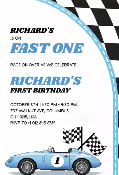 Fast One Racing Cars Birthday Celebration Invitation Template