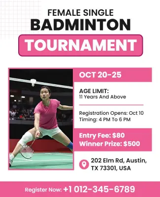 Female Singles Badminton Tournament Event Flyer Template