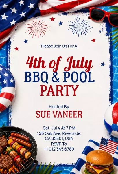 Festive 4th of July BBQ and Pool Party Invitation Template