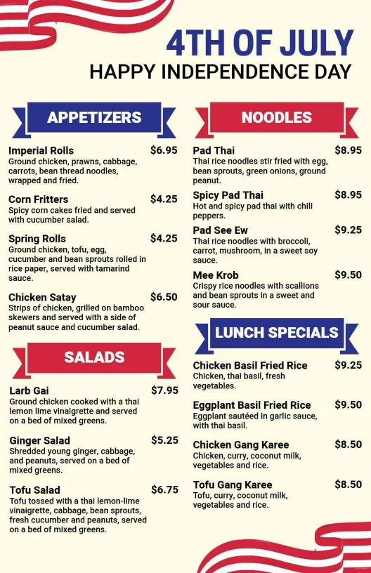 Festive 4th of July Celebration Food and Drink Selections Menu Template