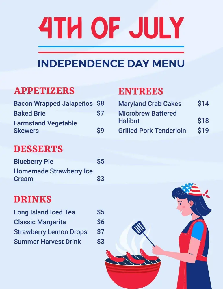 Festive 4th of July Culinary Delights with Star-Spangled Flavors Menu Template
