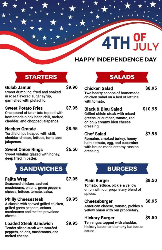 Festive 4th of July Inspired Dishes and Flavorful Snacks Menu Template