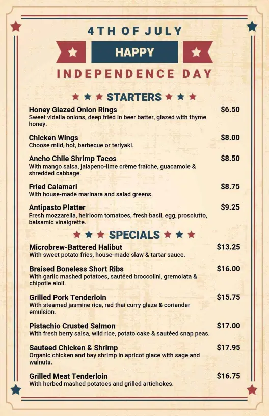 Festive 4th of July Starters and Specials Celebration Menu Template