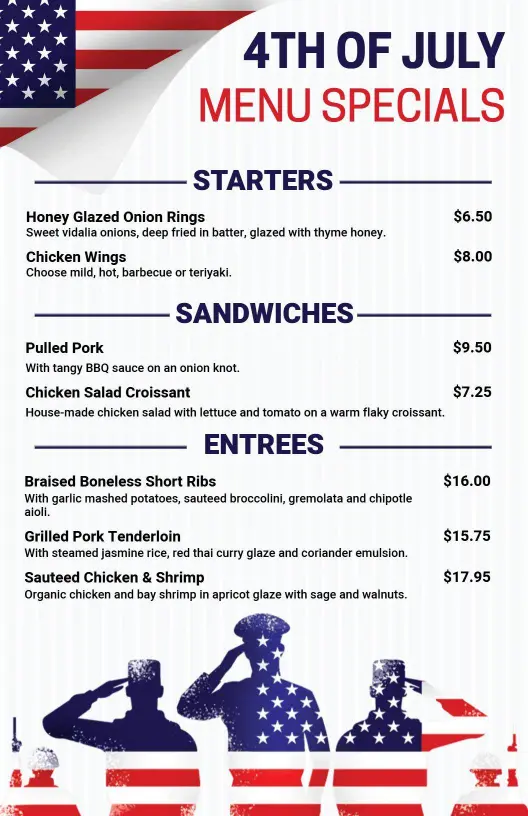 Festive 4th of July Starters, Sandwiches, and Entrees Menu Template