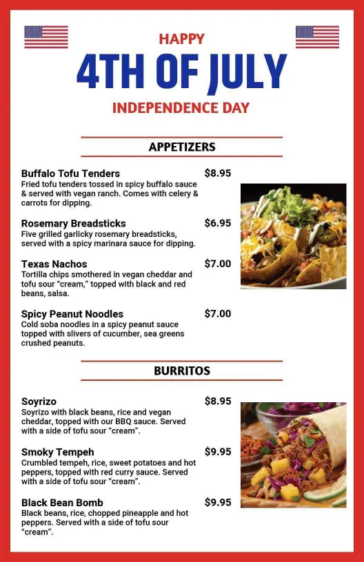 Festive Appetizers and Delicious Burritos for July 4th Menu Template