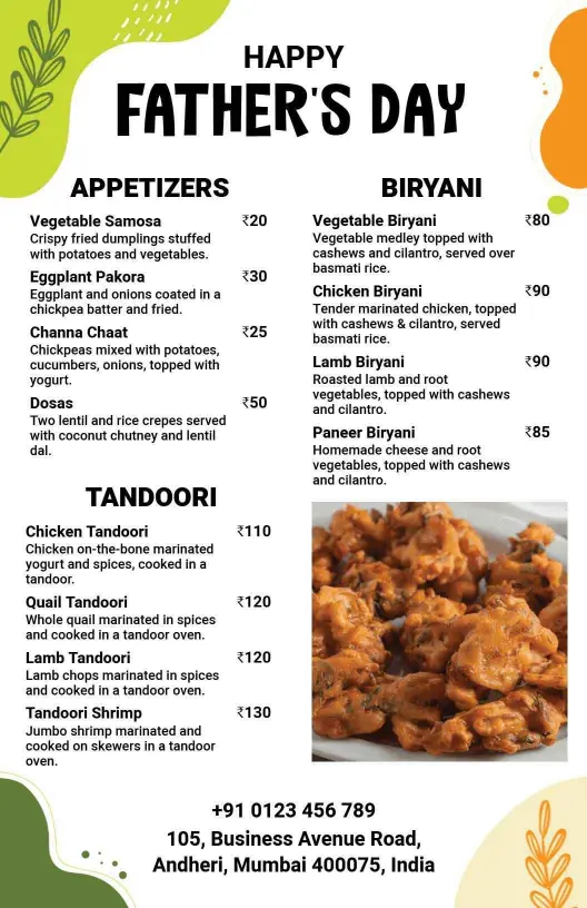 Festive Appetizers and Tandoori Delights for Father's Day Menu Template