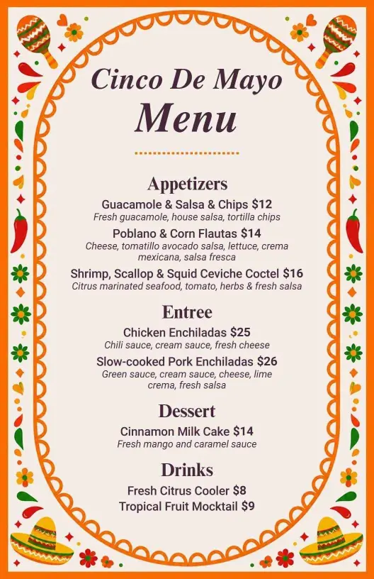 Festive Appetizers and Traditional Entrees Cinco De Mayo Menu Template