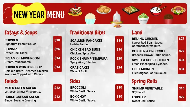 Festive Asian-Inspired Dishes and Delightful Treats New Year Menu Template
