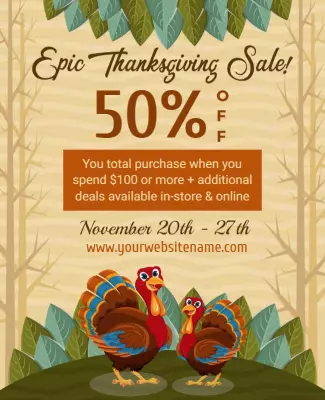 Festive Autumn Thanksgiving Sale with Colorful Turkeys Poster Template