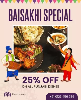 Festive Baisakhi Punjabi Cuisine Discount Poster Template
