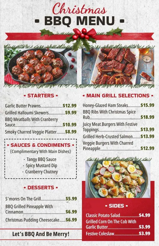 Festive BBQ Starters and Main Grill Selections Christmas Menu Template