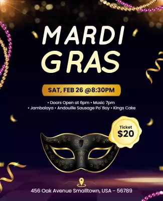Festive Black and Gold Mardi Gras Celebration Poster Template