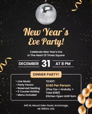 Festive Black and Gold New Year's Eve Dinner Party Poster Template