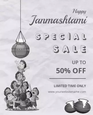 Festive Black and White Janmashtami Sale Poster Template