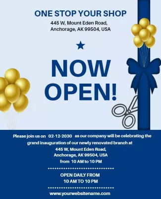 Festive Blue and Gold Grand Opening Celebration Poster Template