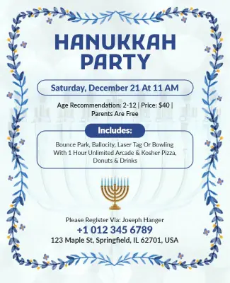 Festive Blue and White Hanukkah Party Celebration Flyer Template