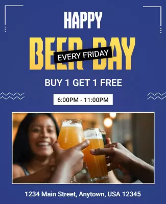 Festive Blue Beer Day Happy Hour Promotion Poster Template