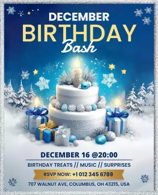 Festive Blue December Birthday Bash Celebration Poster Template